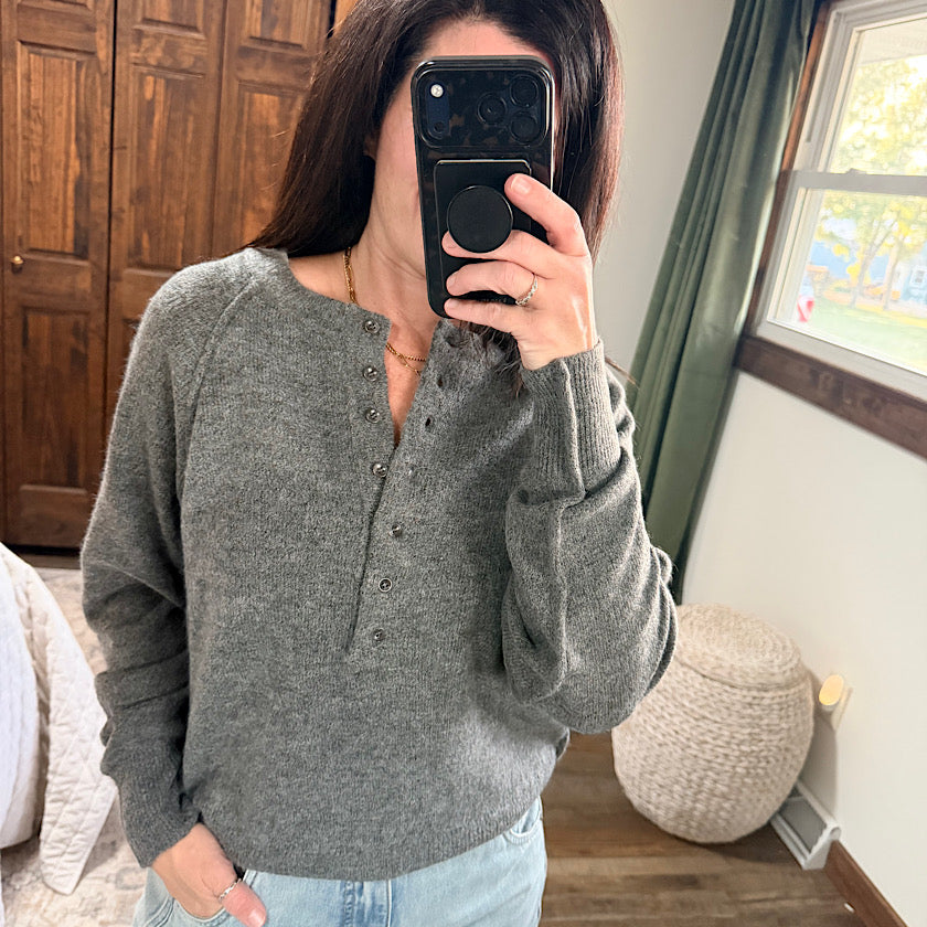 Charcoal Half Button Henley Sweater
