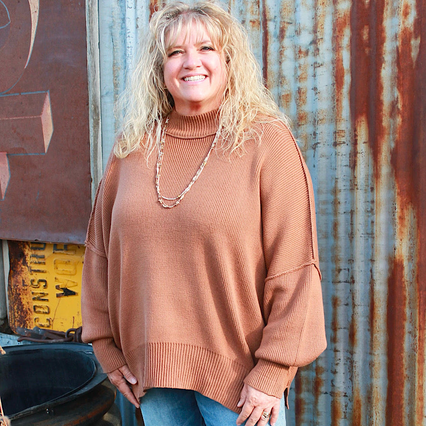 Deep Camel Side Slit Oversized Sweater