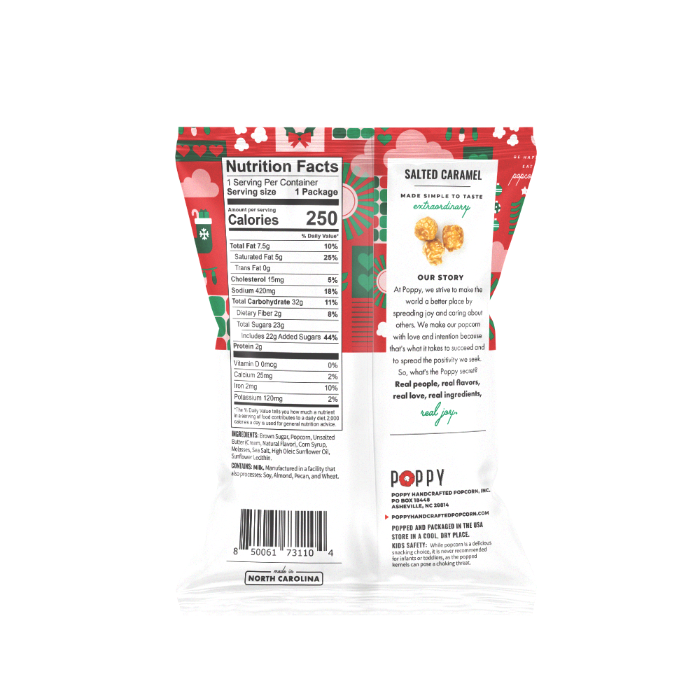 Poppy Hand-Crafted Popcorn - Holiday Salted Caramel Snack Bag