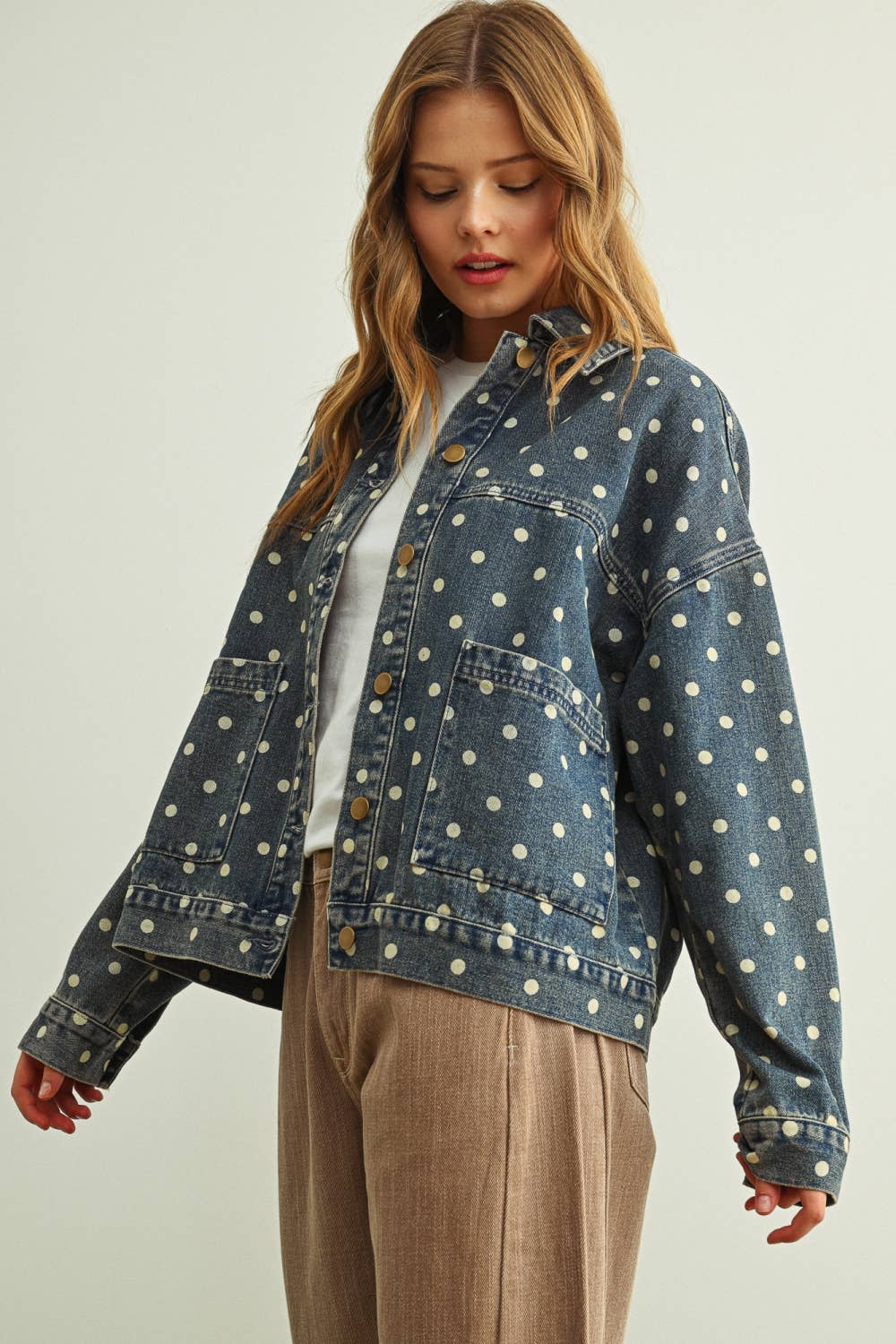 MIOU MUSE - J6160   POLKA DOT BUTTON FRONT DENIM JACKETE