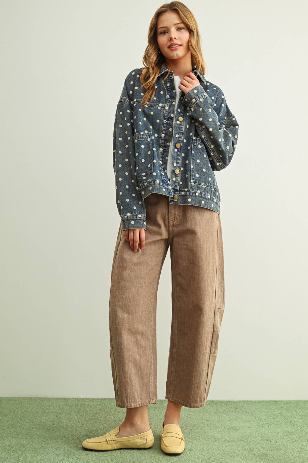 MIOU MUSE - J6160   POLKA DOT BUTTON FRONT DENIM JACKETE