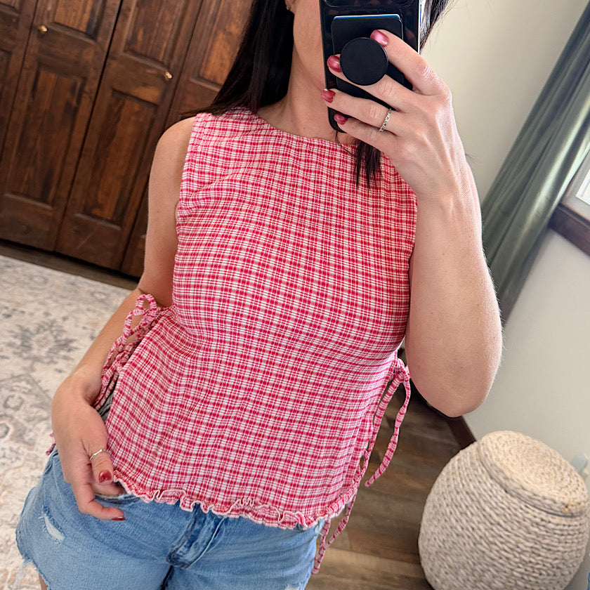 Red Checkered Ladder Lace-Up Vest