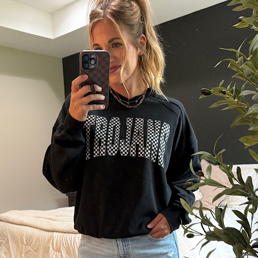 V Neck Checkered Trojans Sweatshirt
