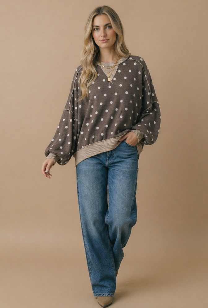 Haptics - Plus Crew Neck Polka Dot Reverse Stitch Pullover