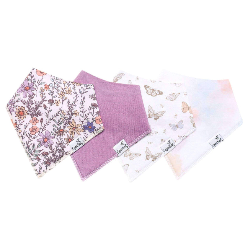 Set of four baby bibs with floral, purple, and butterfly designs on a white background