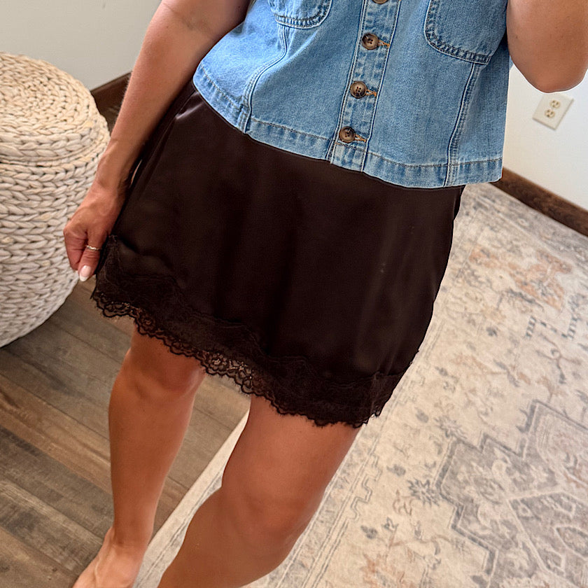Espresso Lace Trim Satin Skirt