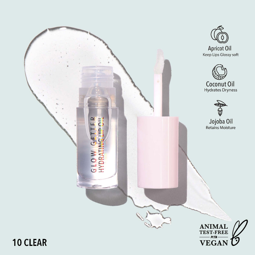Glow Getter Hydrating Lip Oil with lip gloss on a light blue background