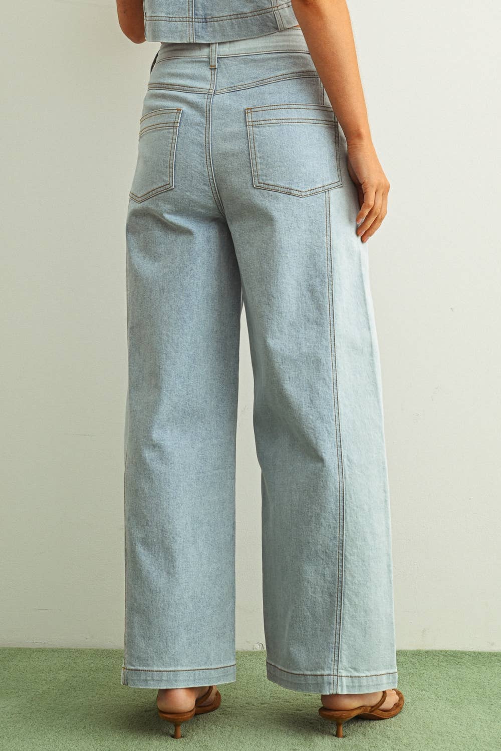 MIOU MUSE - P5885ST   DENIM COLOR BLOCKED WIDE STRAIGHT LEG PANTS