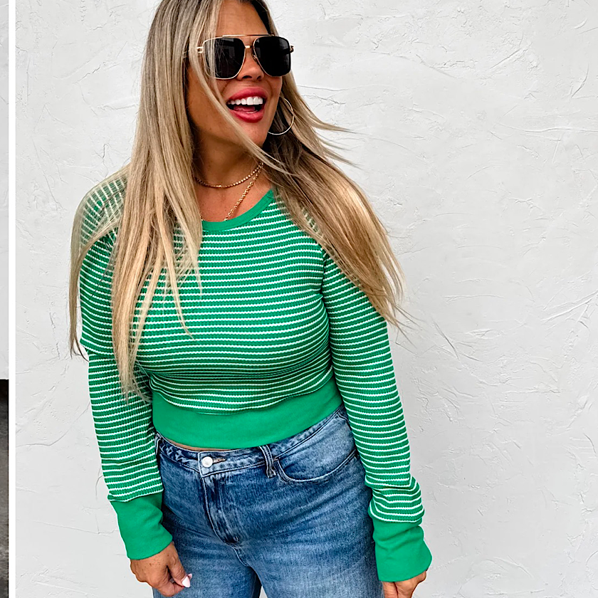 Raynaa Waffle Stripe Top-Green
