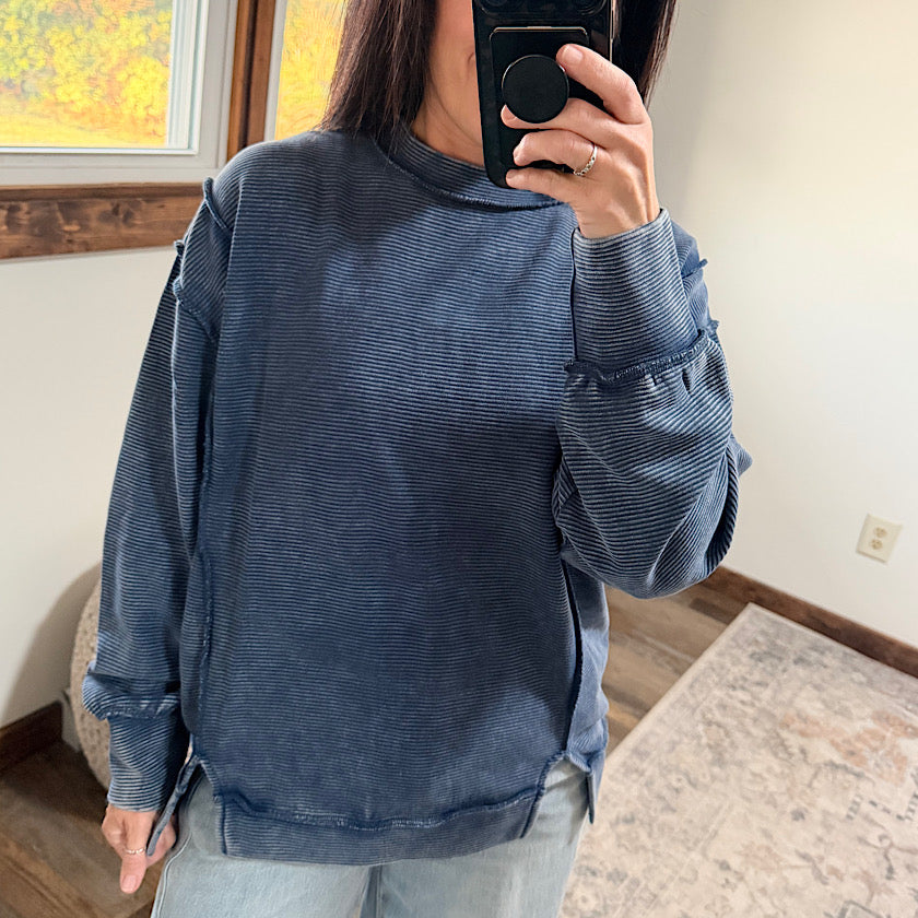 Navy Acid Wash Ribbed Top