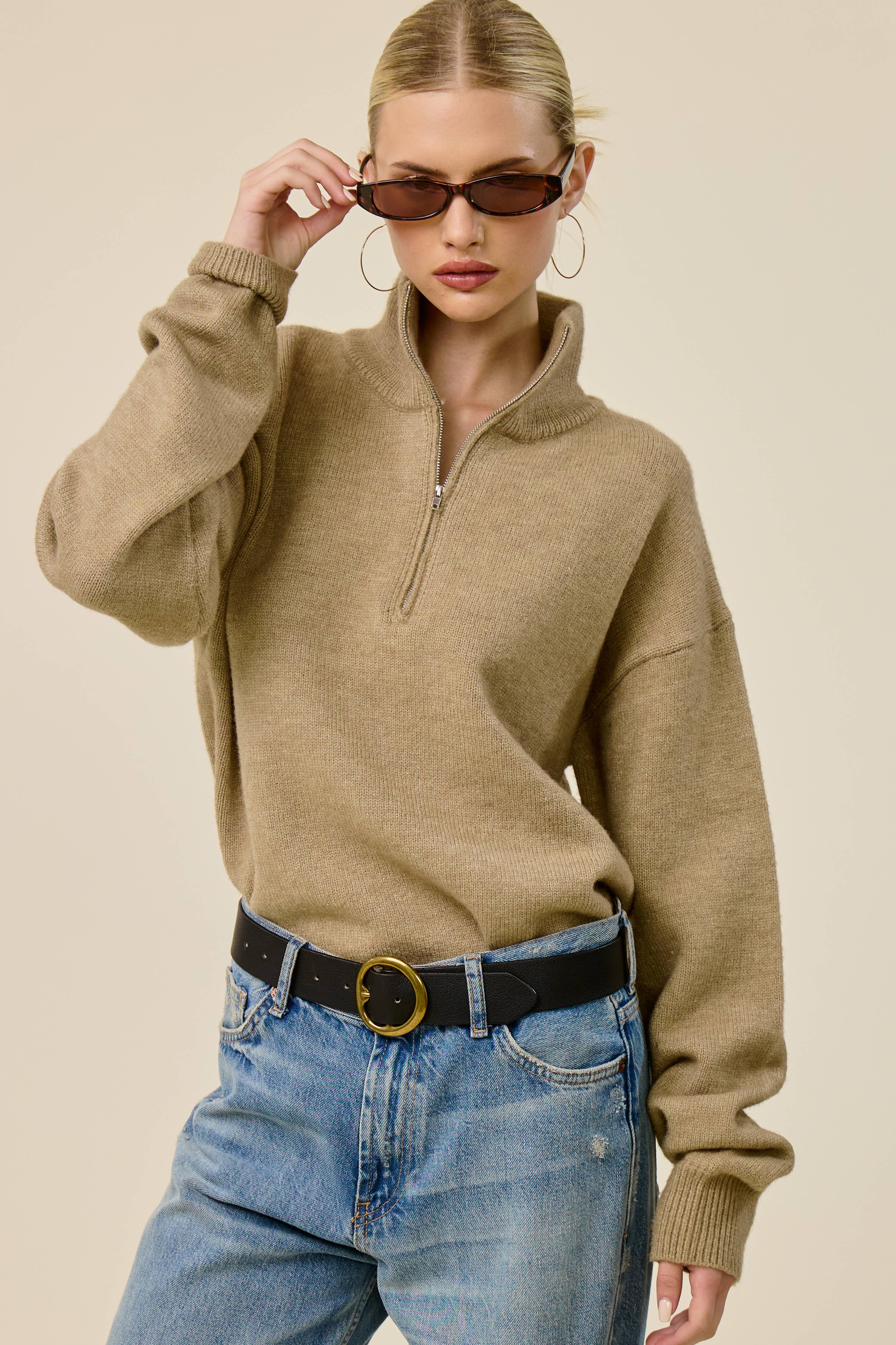 Mimosa - Half Zip Mock Neck Knit Sweater