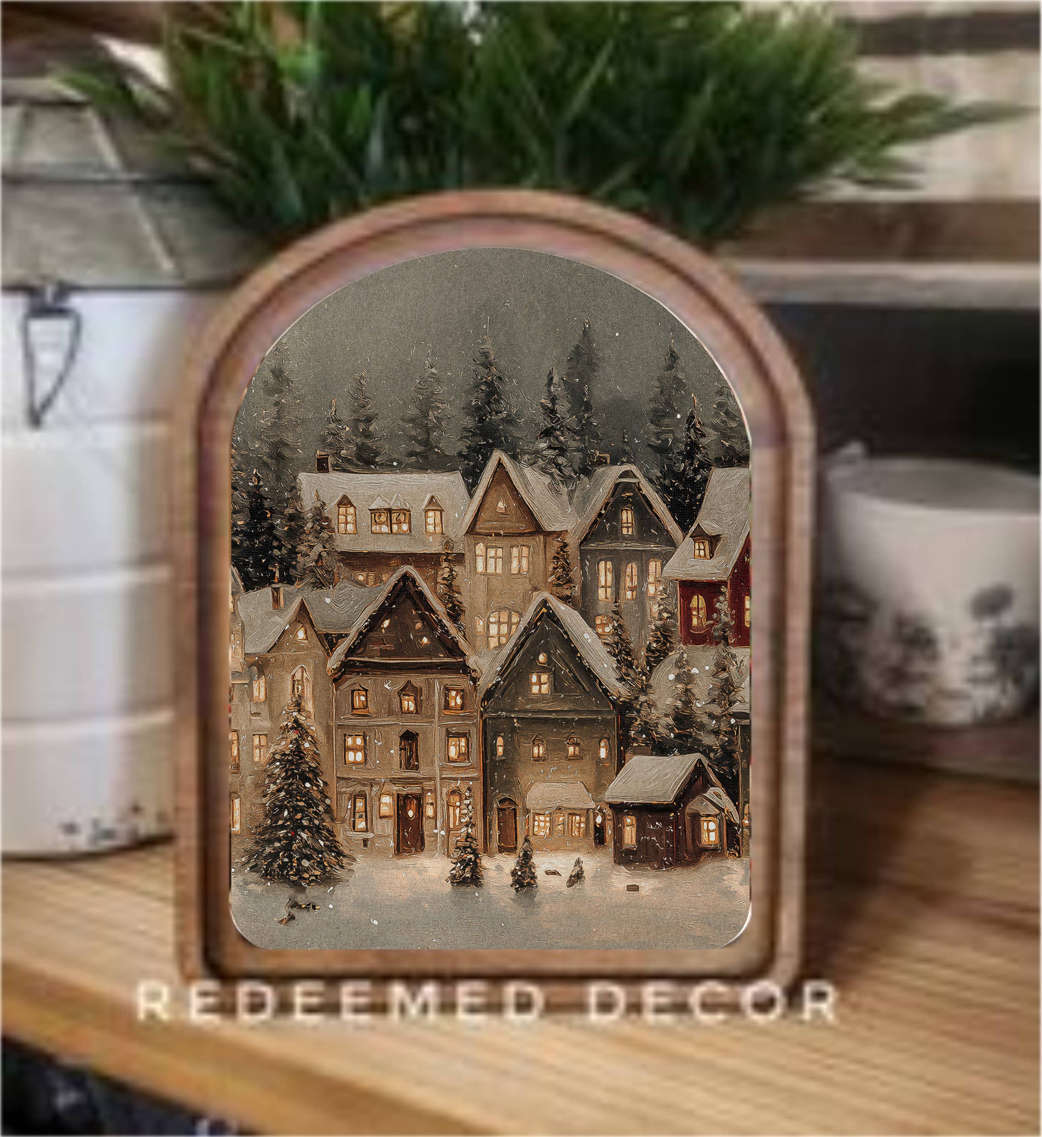 Arch Top Snowy Christmas Village Framed Art