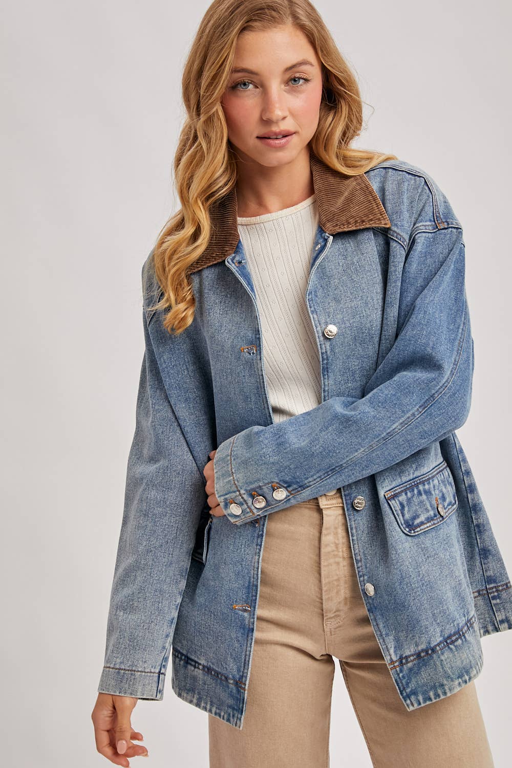 Bluivy - DENIM CORDUROY COLLAR CONTRAST BARN COAT