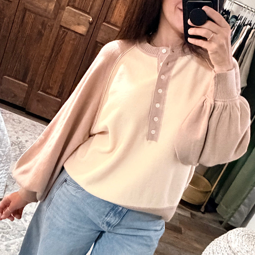 Taupe/Cream Color Block Henley Sweater