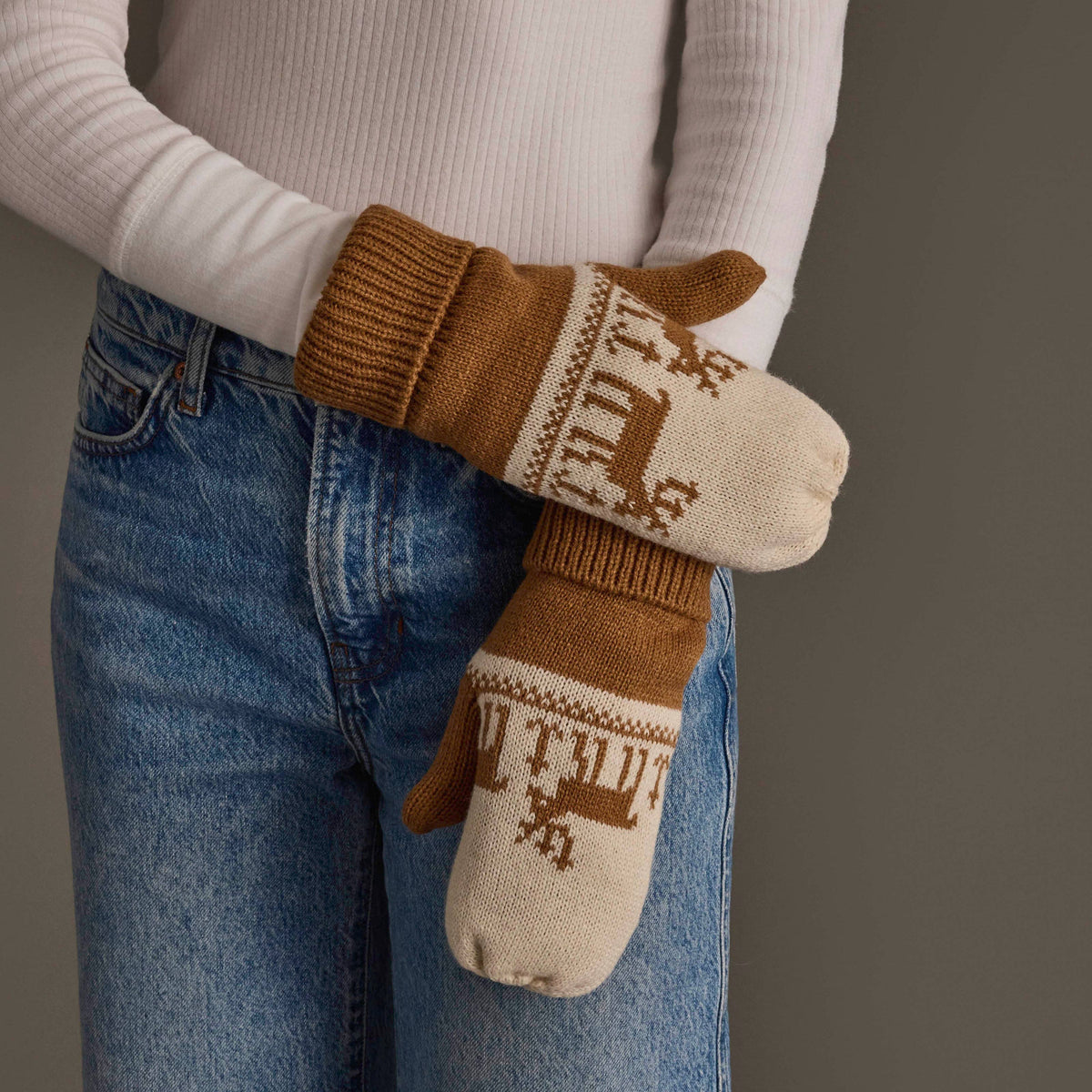 Camel & Beige Deer Patterned Mittens