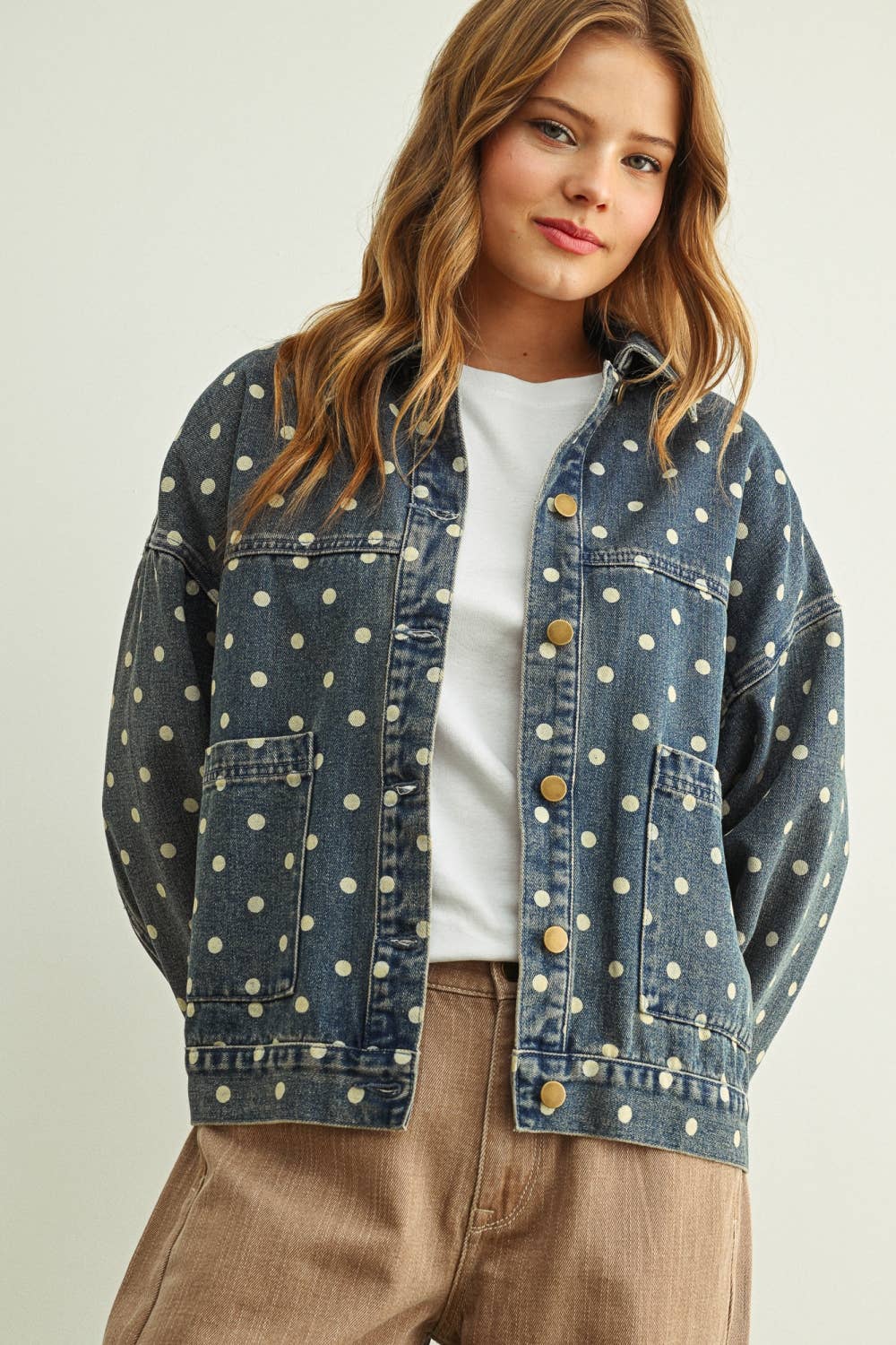 MIOU MUSE - J6160   POLKA DOT BUTTON FRONT DENIM JACKETE