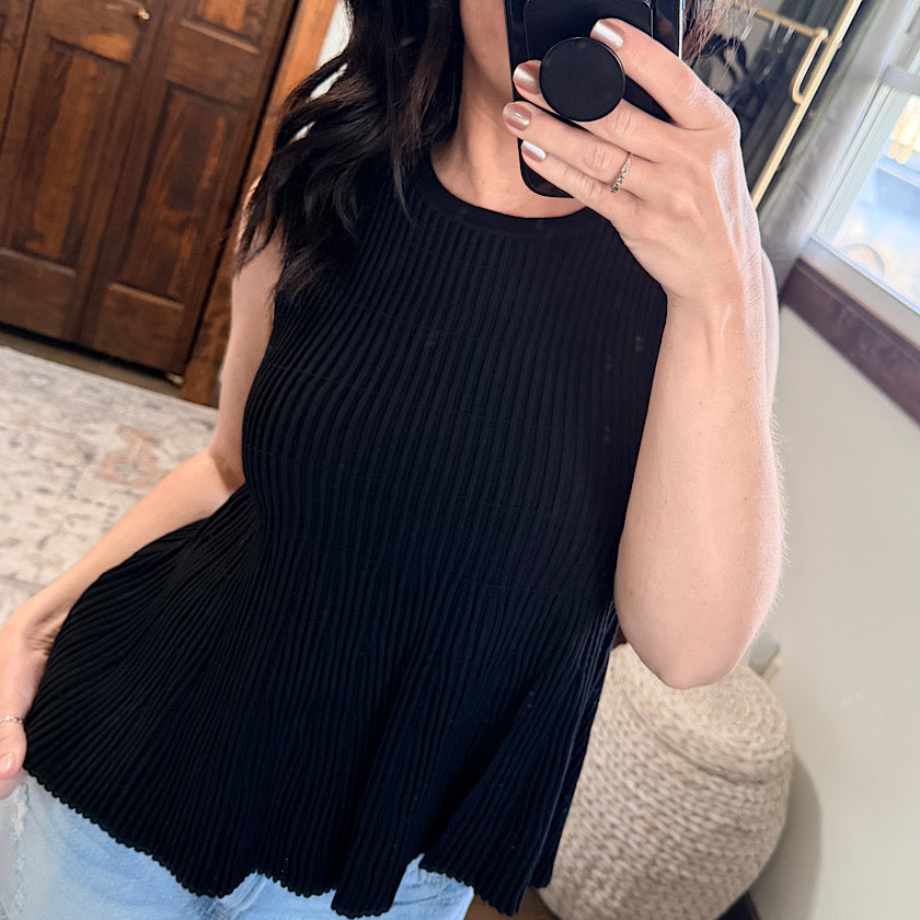 Black Flared Ribbed Top