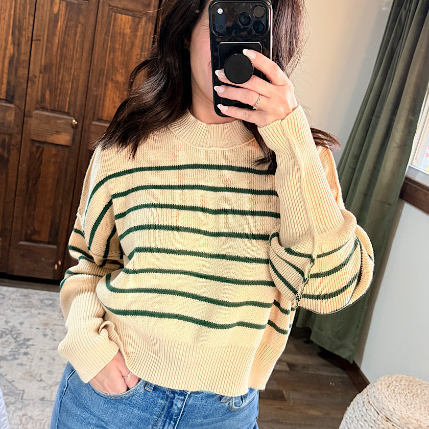 Ivory/Green Stripe Mock Cropped Sweater