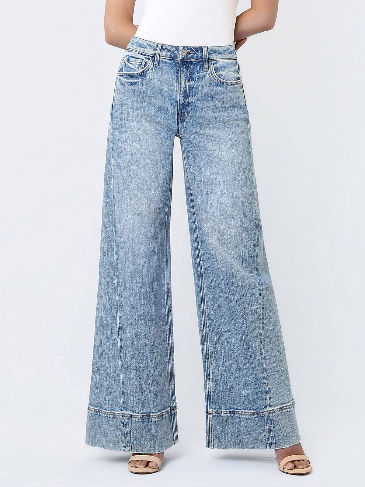 VERVET by FLYING MONKEY - HIGH RISE METAL BUCKLE TRIM EXTREME WIDE JEANS T7237