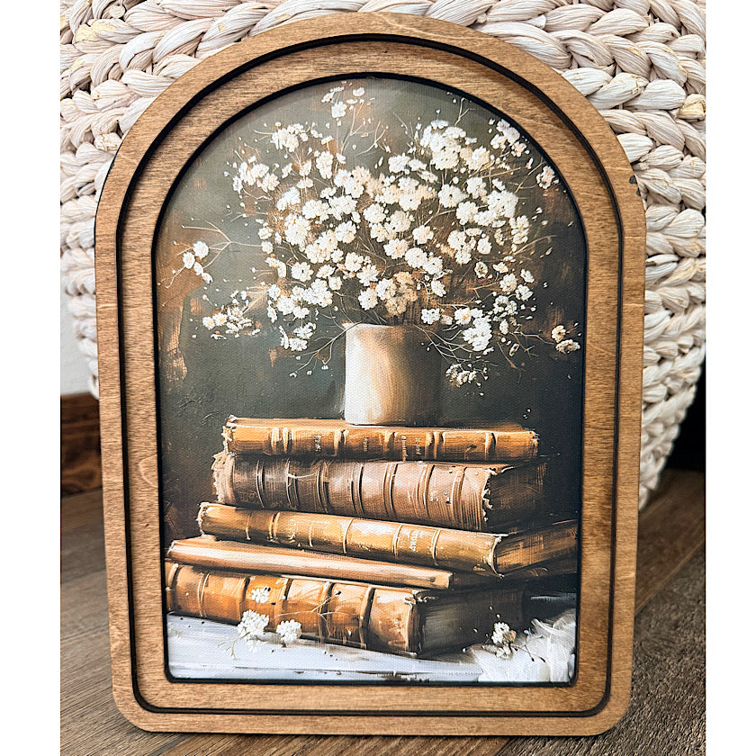 Arch Top Books With Flowers Framed Art