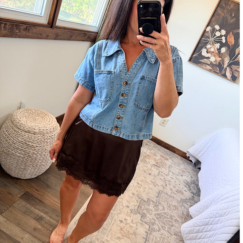 Espresso Lace Trim Satin Skirt