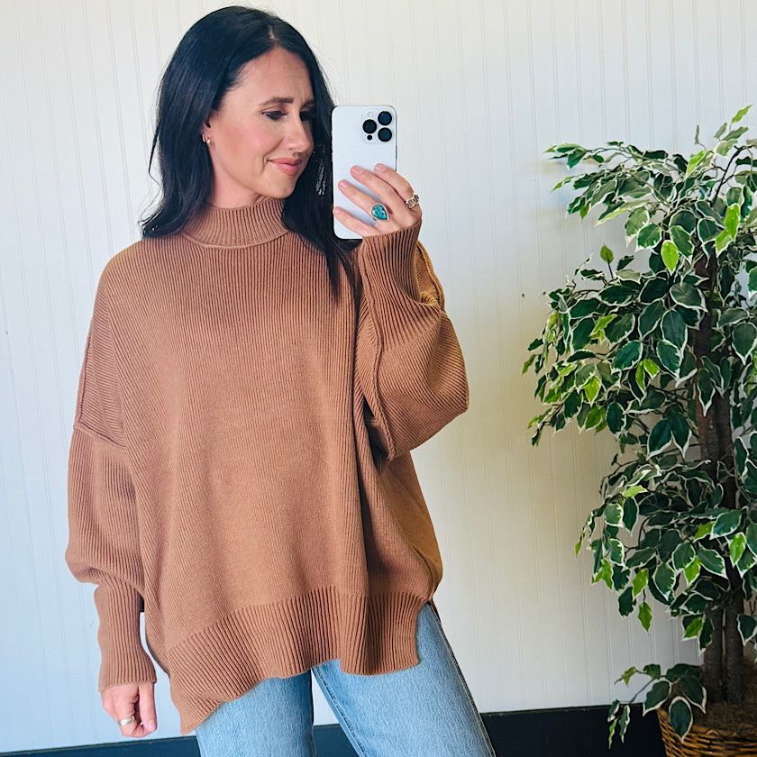 Deep Camel Side Slit Oversized Sweater