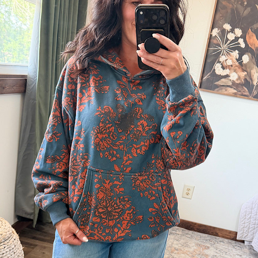 Gray/Orange Printed Fleece Hoodie