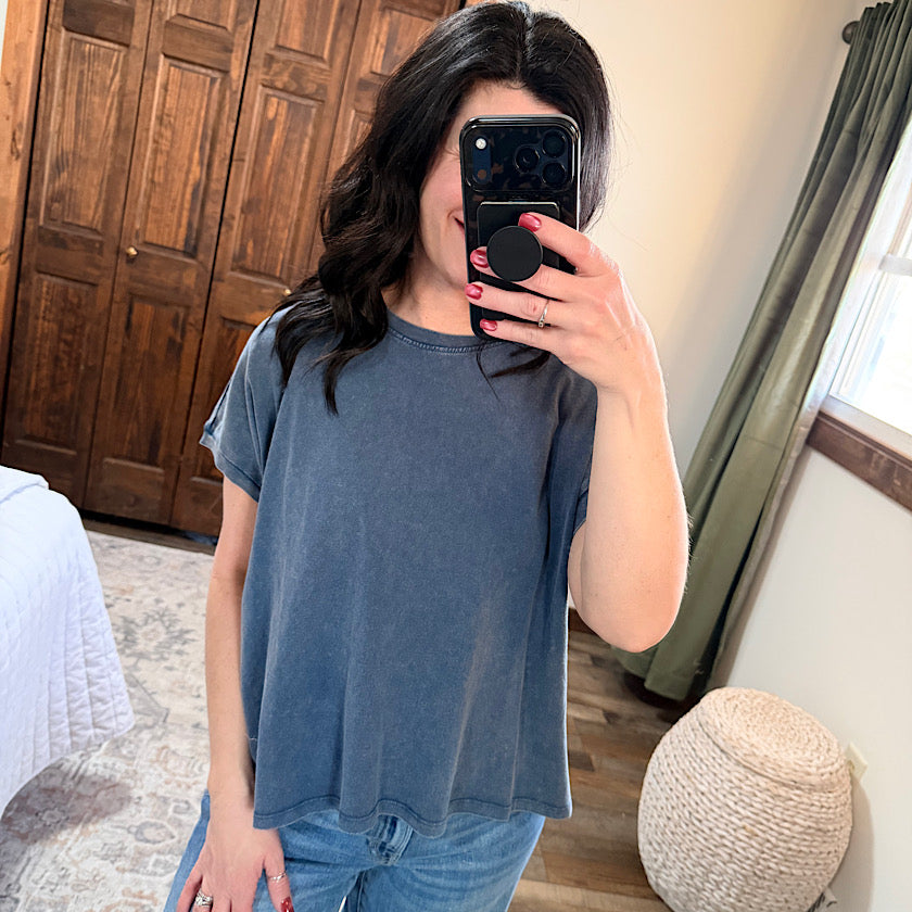 Navy Capped Sleeve Mineral Wash T-Shirt