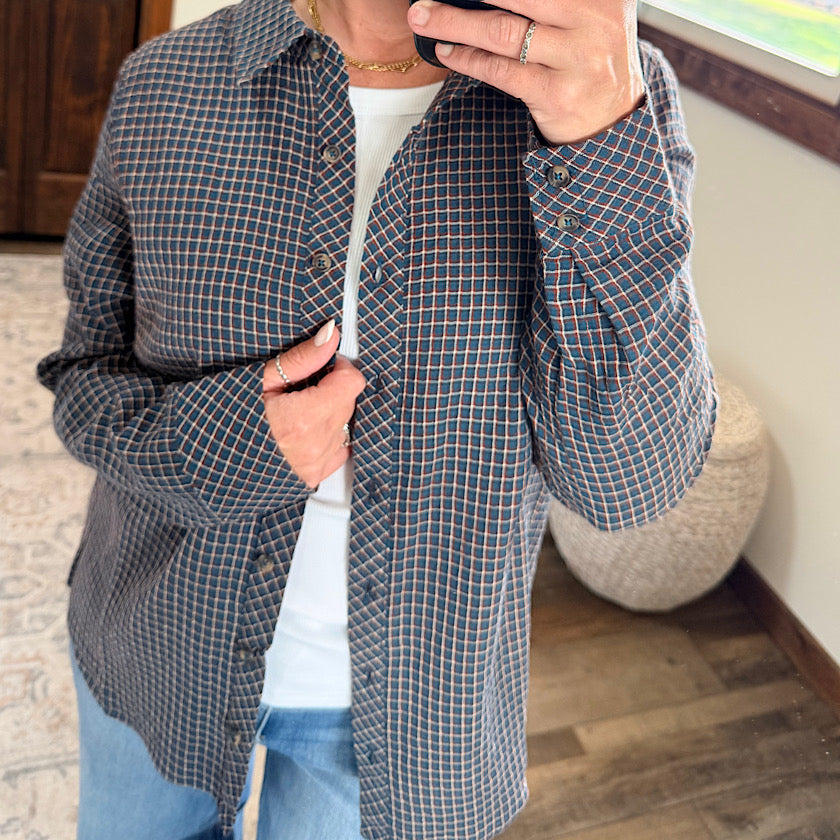 Thread & Supply Navigator Top-Navy Brown Plaid
