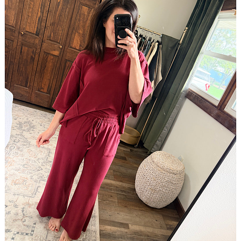 Burgundy Boxy Top & Wide Leg Pant Set