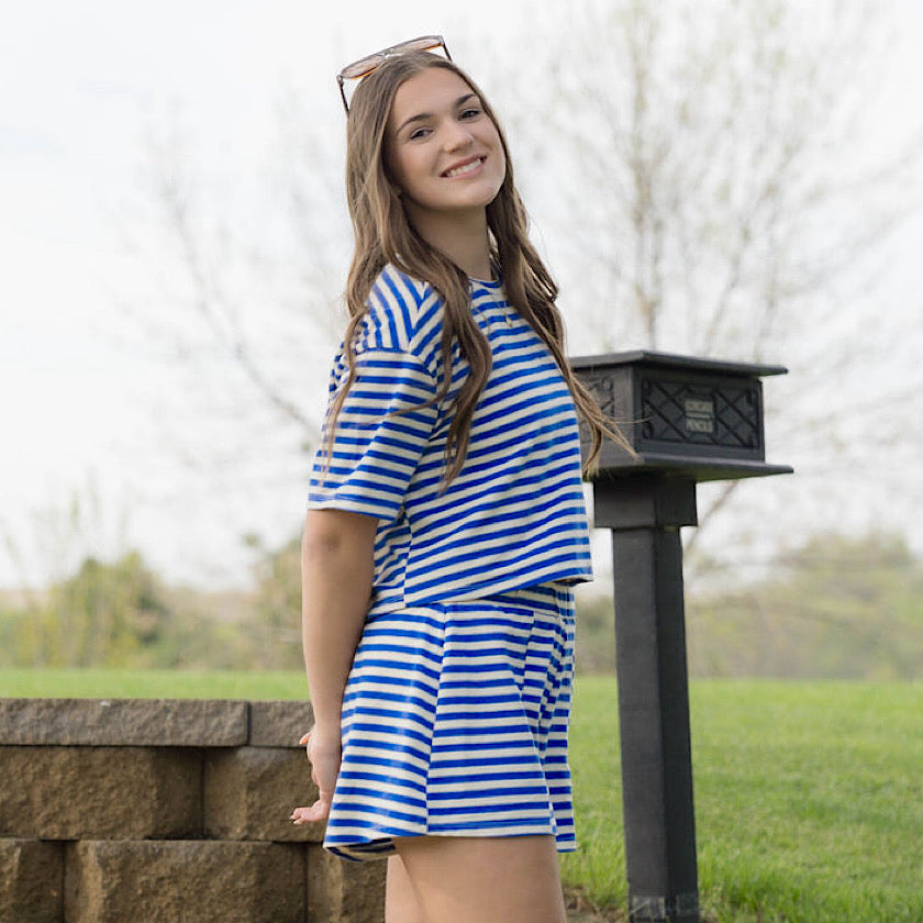 Blue Striped Crew Neck Short Set
