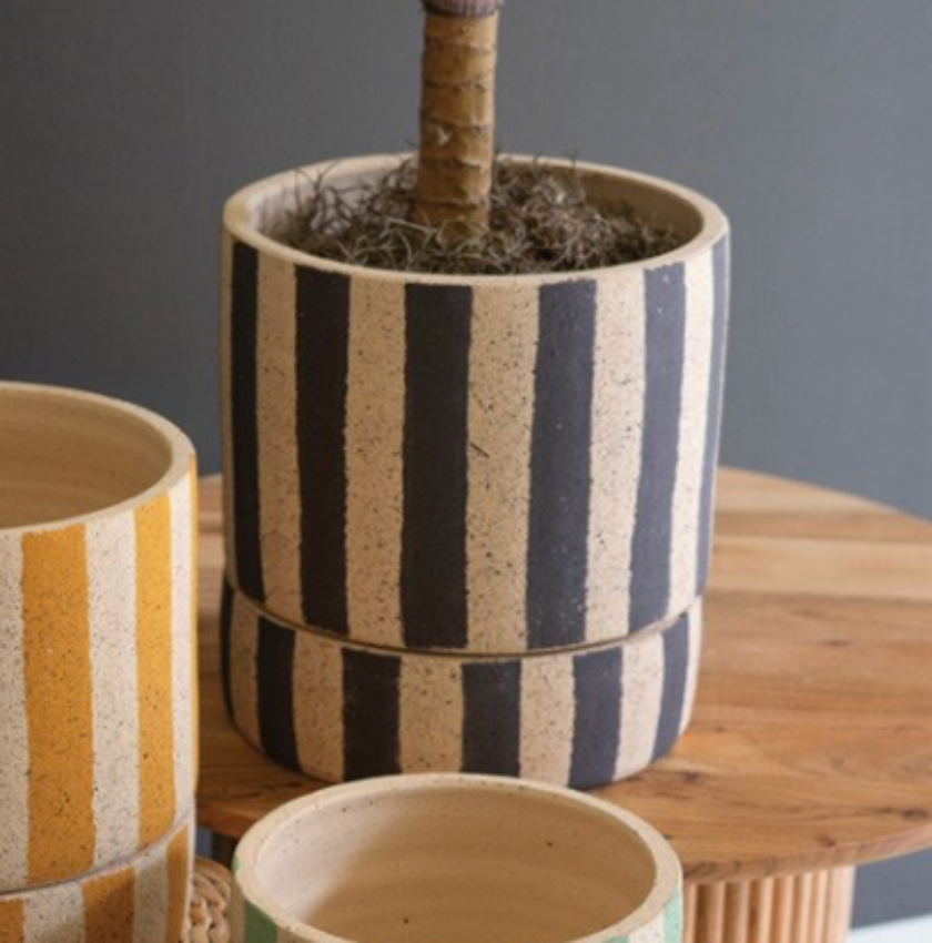 CLAY PLANTERS W/ STRIPED DETAILS + TRAYS