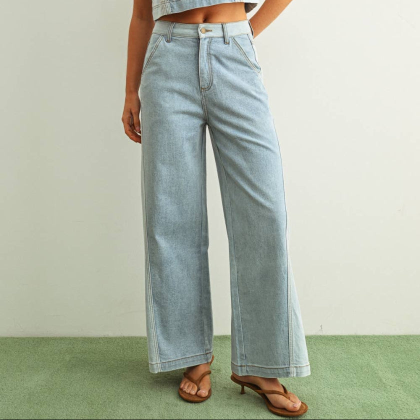 Denim Color Block Wide Straight Leg
