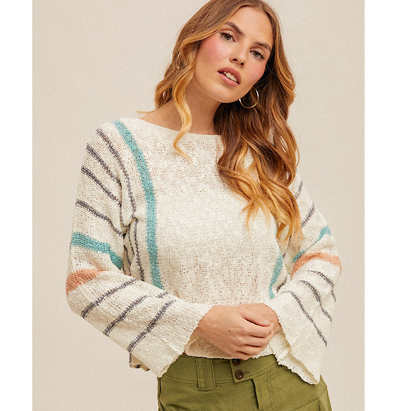 White Boat Neck Vertical Stripe Sweater