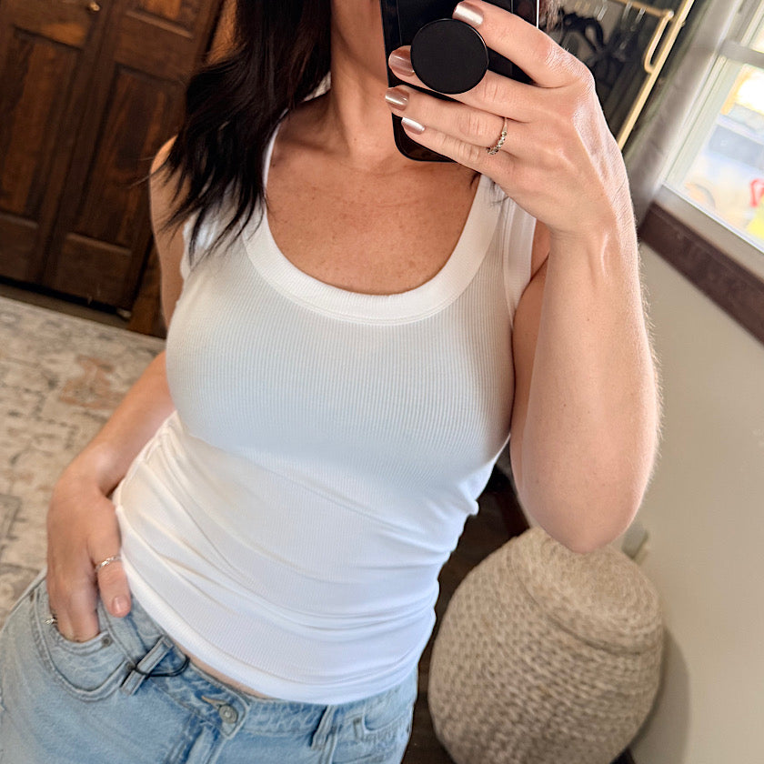 White Ribbed Scoop Neck Tank