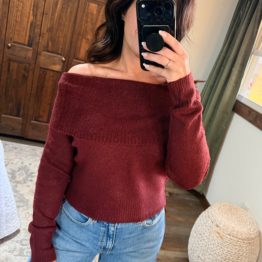 Burgundy Cropped Off Shoulder Sweater