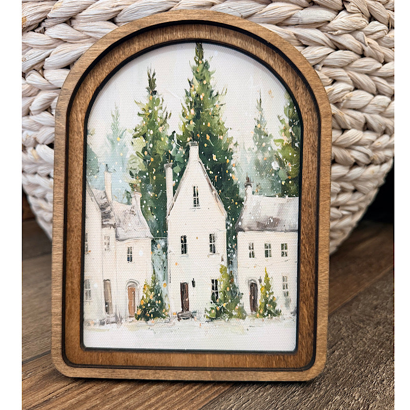 Arch Top White Christmas Houses Framed Art