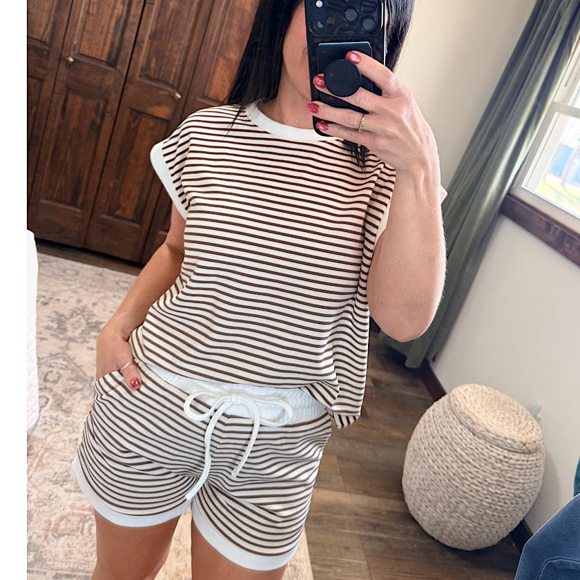 Brown Stripe Shorts Set