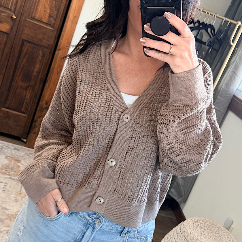 Silken Taupe Coastal Crochet Air Knit Top