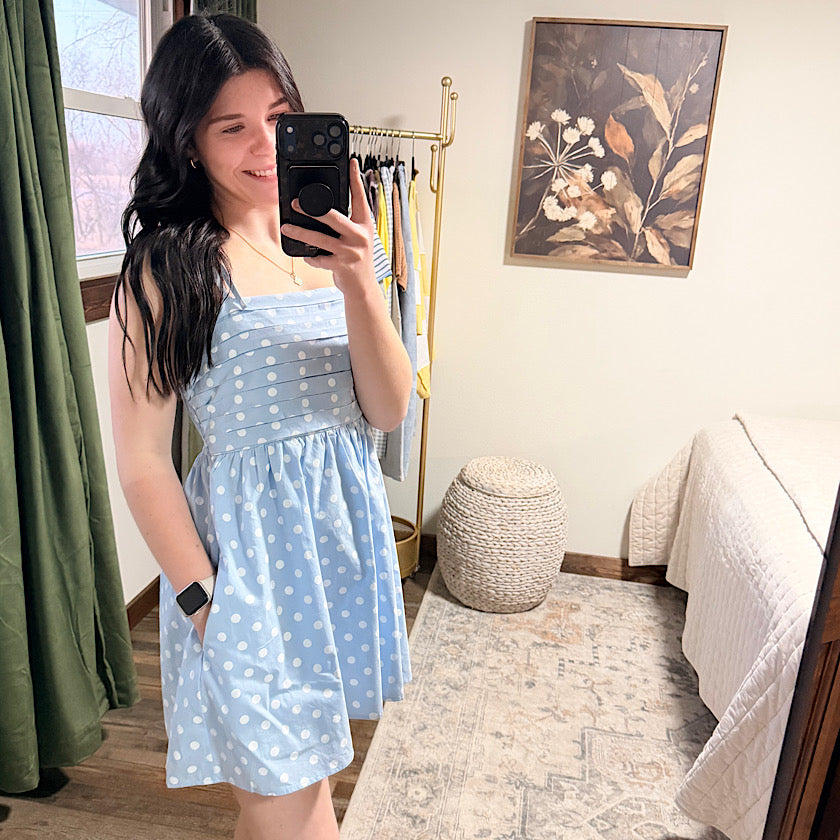 Sky/White Polka Dot Pleated Dress