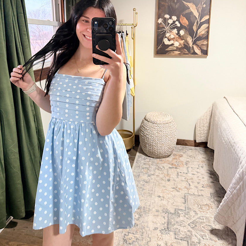Sky/White Polka Dot Pleated Dress