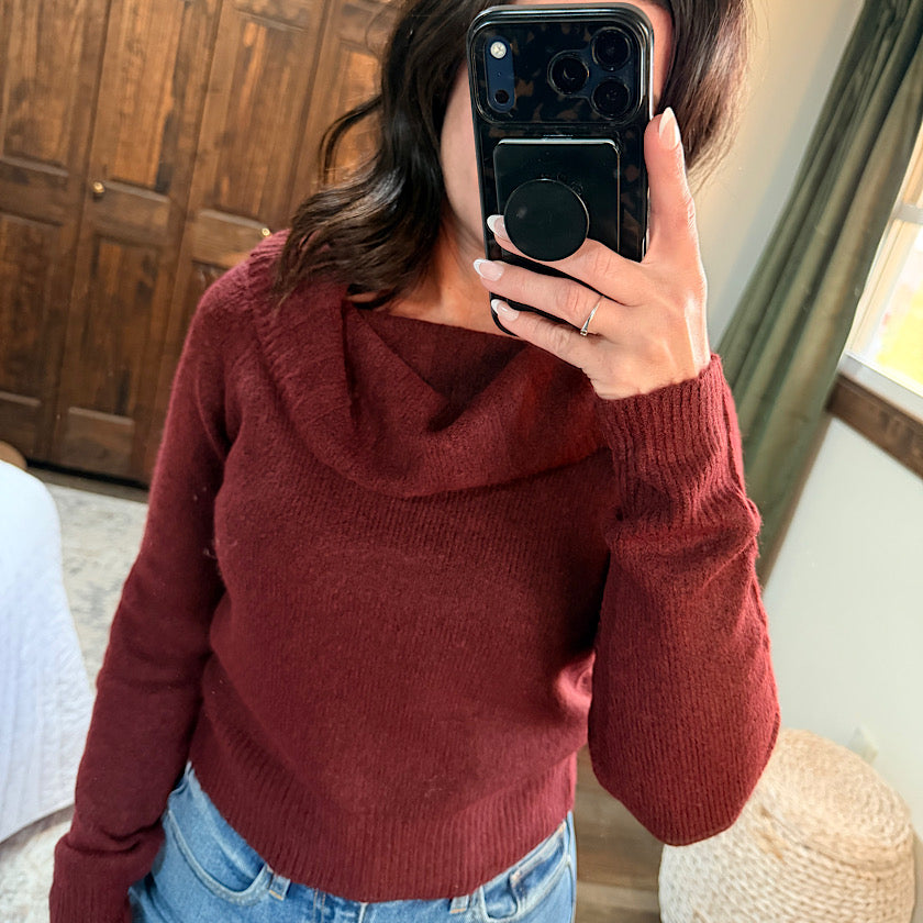 Burgundy Cropped Off Shoulder Sweater