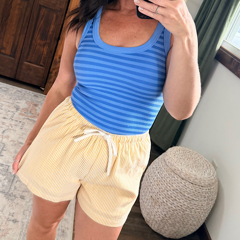 Yellow Casual Striped Drawstring Shorts
