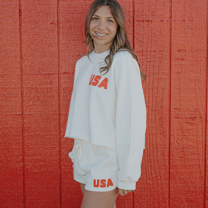 Ivory  Crew Pullover with USA Patch