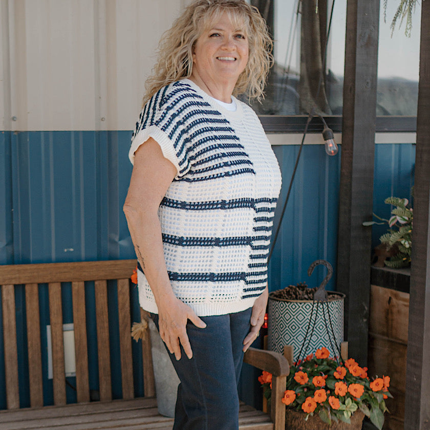 Navy Multi Stripe Crochet Knit Top