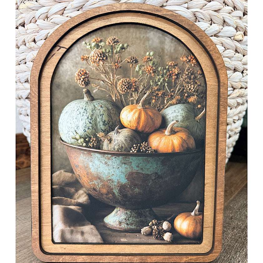 Arch Top Pumpkins In Bowl Framed Art
