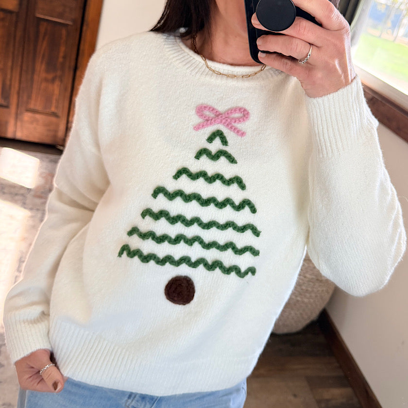 Tree Crochet Appliqué Knit Sweater