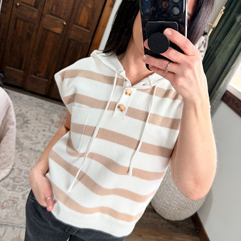 Ivory/Mocha Stripe Half Button Hoodie