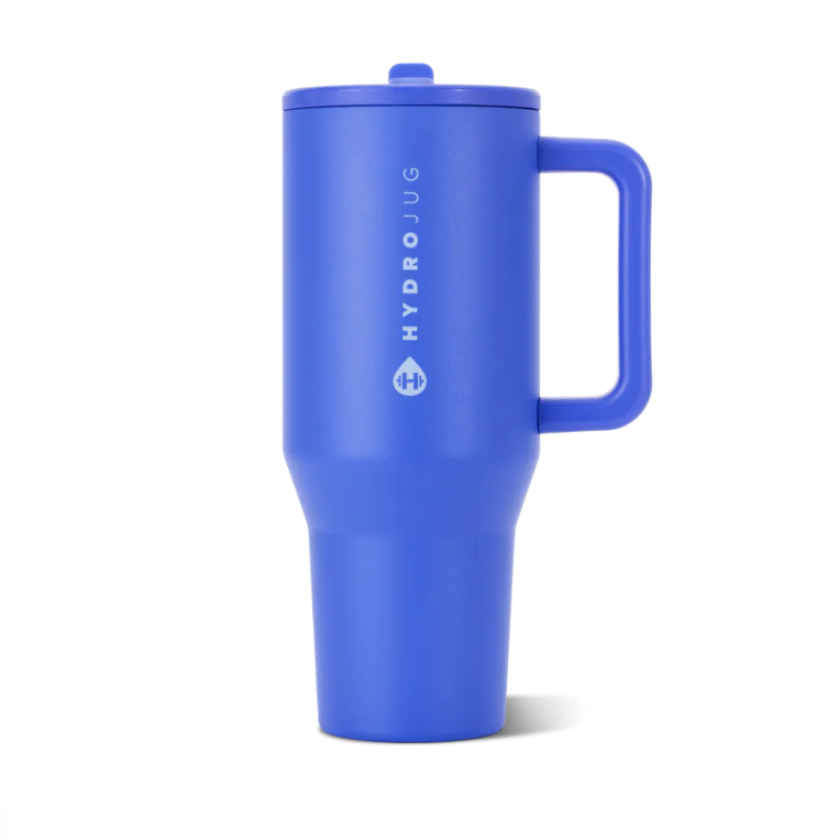 Blue travel mug with handle on a white background