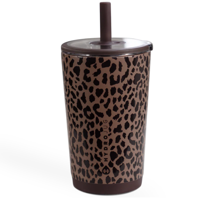 Leopard print tumbler with straw on a white background